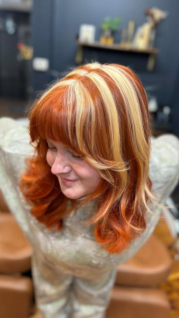 ⚡️ Hell yeah sister ⚡️
This was so fun to create and see come to life! Custom colors on a classic 90s chunk for this baddie 🔥 

I have opening this Thursday, let’s play for the holidays! 
Link in my bio to book 

#ashevillehair #ashevillehairstylist