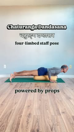 Chaturanga Dandasana चतुरङ्ग दण्डासन four-limbed staff pose. Everyone’s favorite 😅 powered by props

1️⃣ Use a bolster and position the long way (the length of a mat). This will allow accessibility for landing with ease on the chest and pelvis. Hold